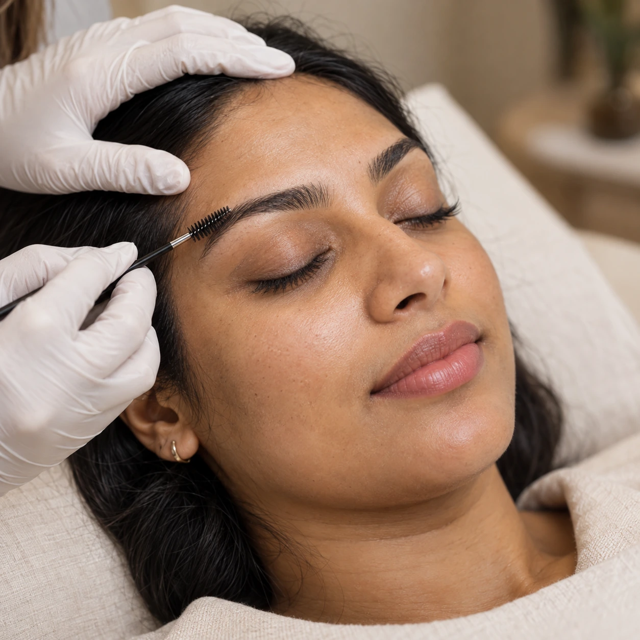 Careful eyebrow consultation with a brow brush in a calm treatment room